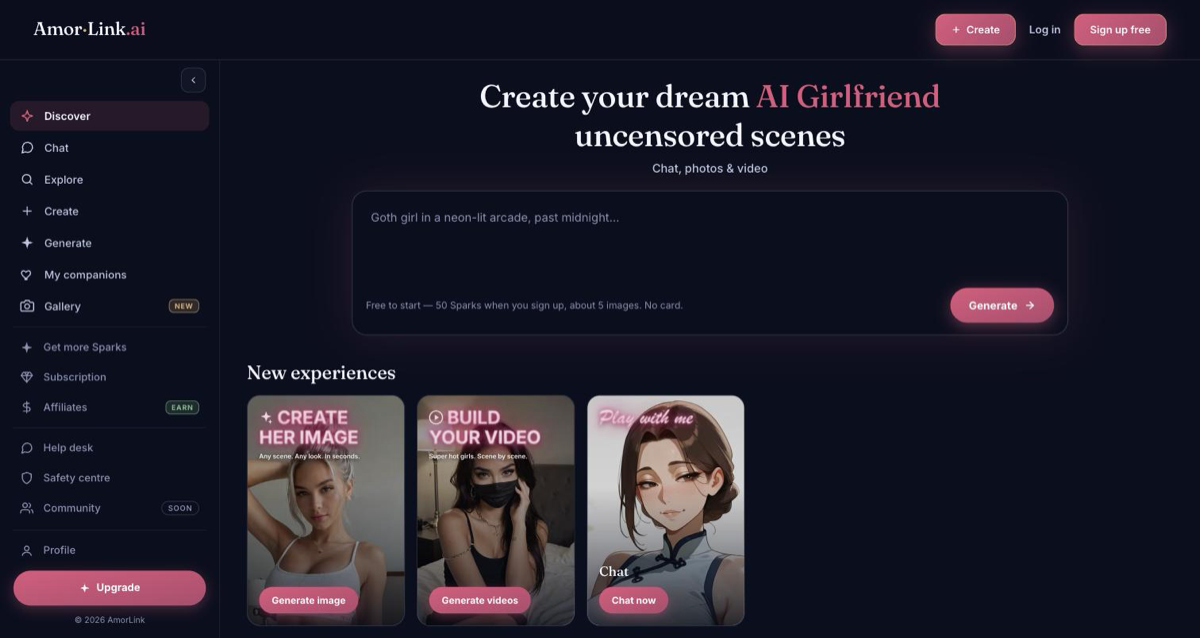 AmorLink AI home with the AI girlfriend prompt box and new experiences