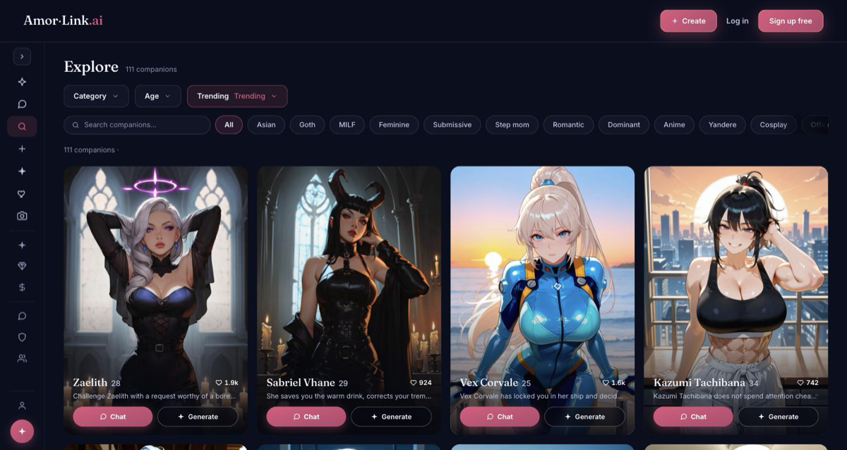 AmorLink AI Explore page with 111 companions and category filters