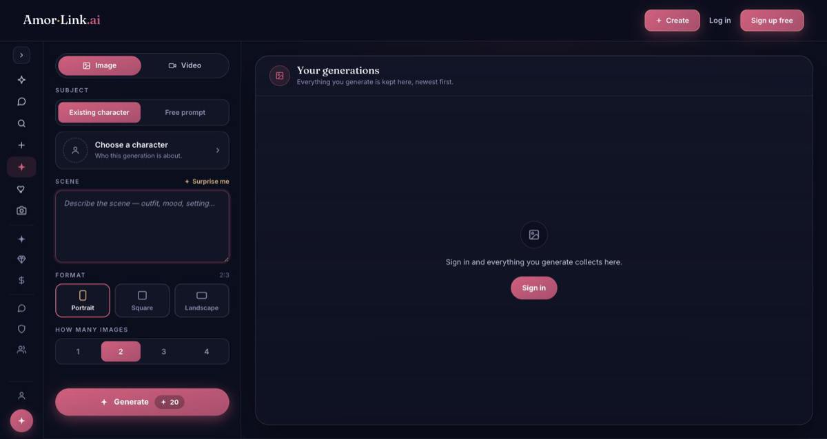 AmorLink AI image and video generator with scene, format and image count