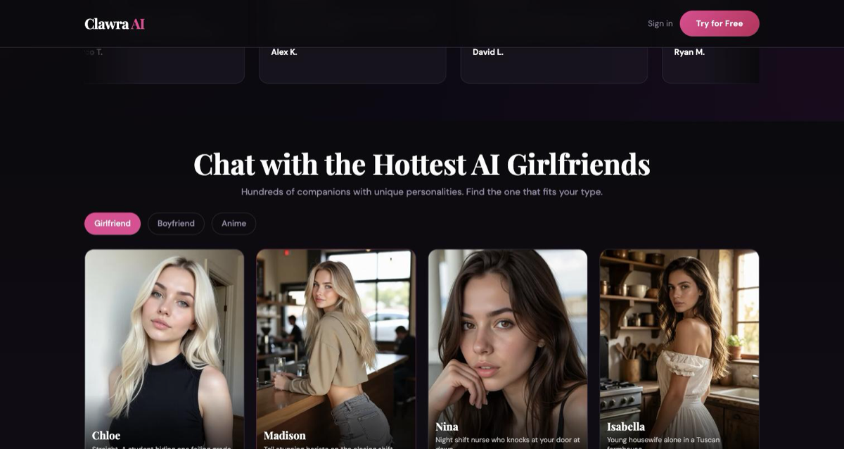 Clawra AI character picker with girlfriend, boyfriend and anime tabs