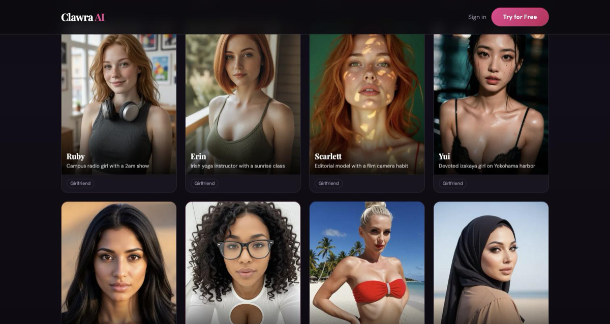Clawra AI companion grid with personalities like Ruby, Erin and Yui