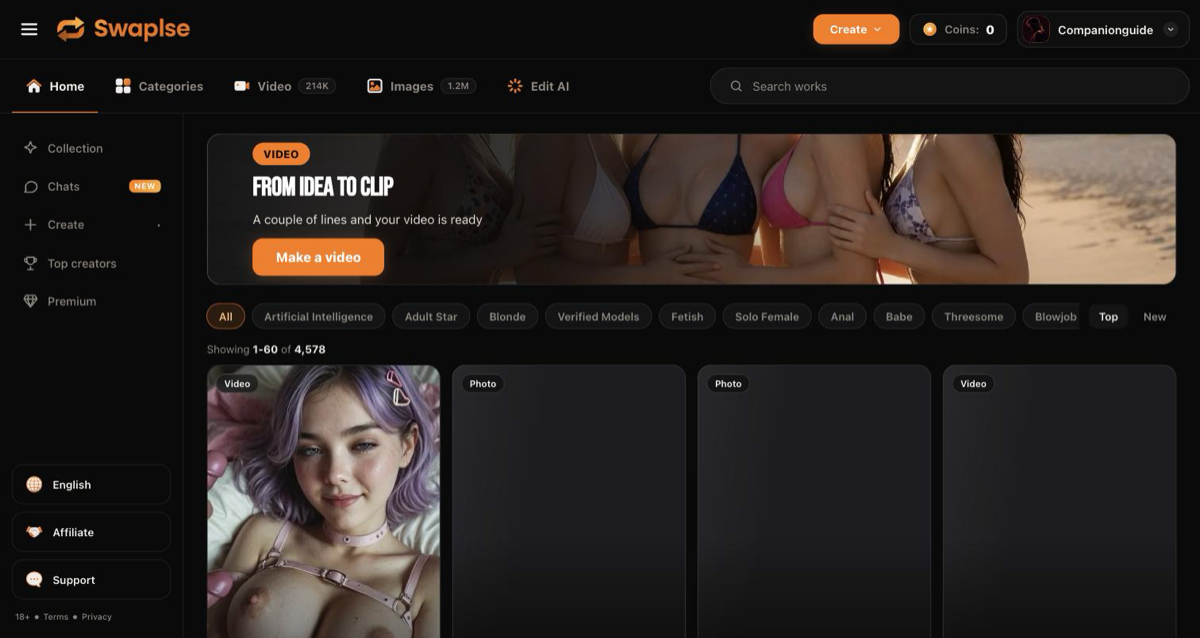Swaplse home with the video maker banner and the works feed