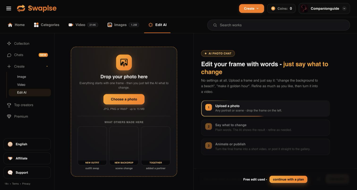 Swaplse Edit AI: change a photo with words and animate it