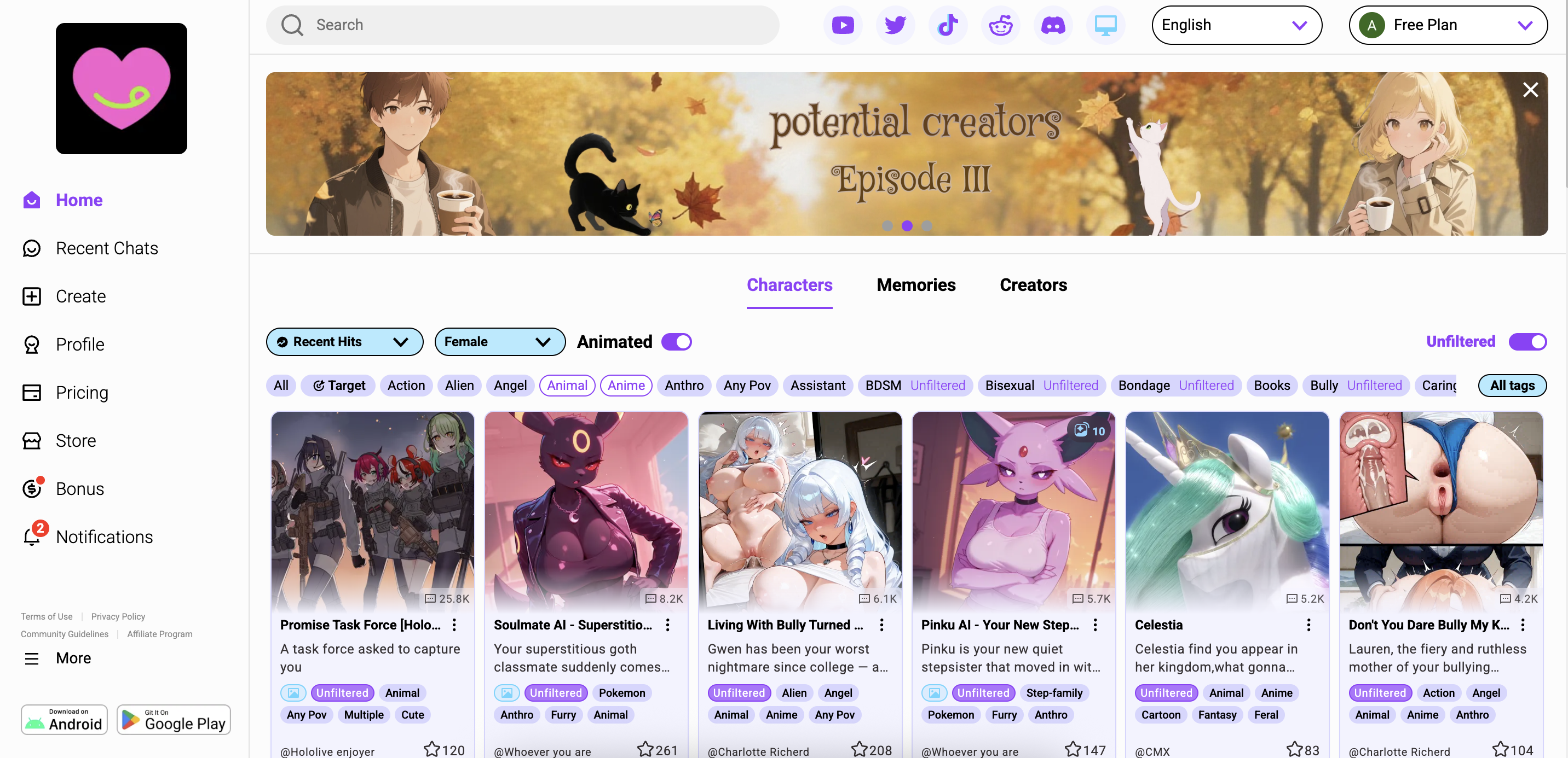 Crushon AI alternatives showing various AI companion platforms