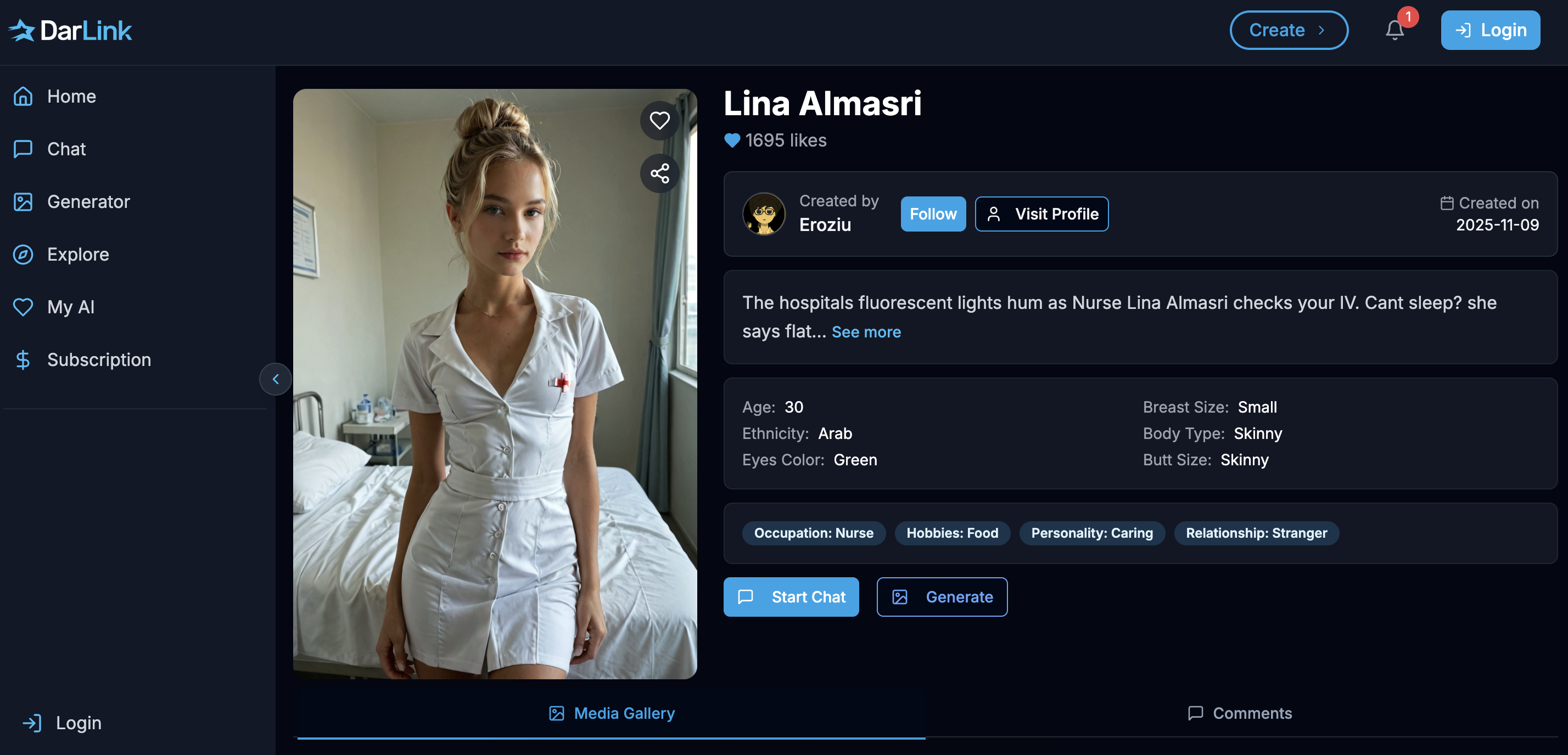 Darlink AI character creation interface showing customization options