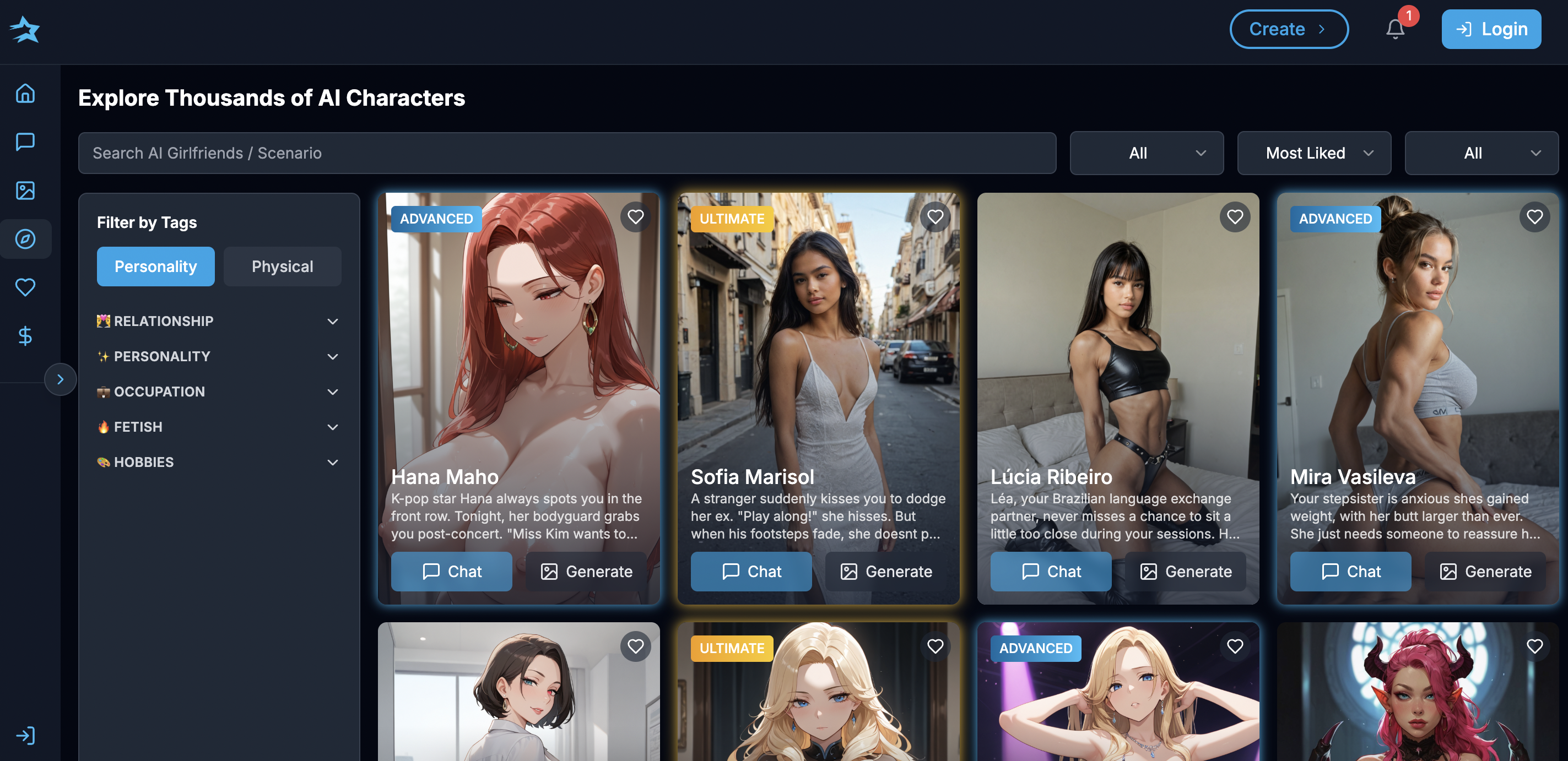 Darlink AI interface showing thousands of AI girlfriend characters to explore