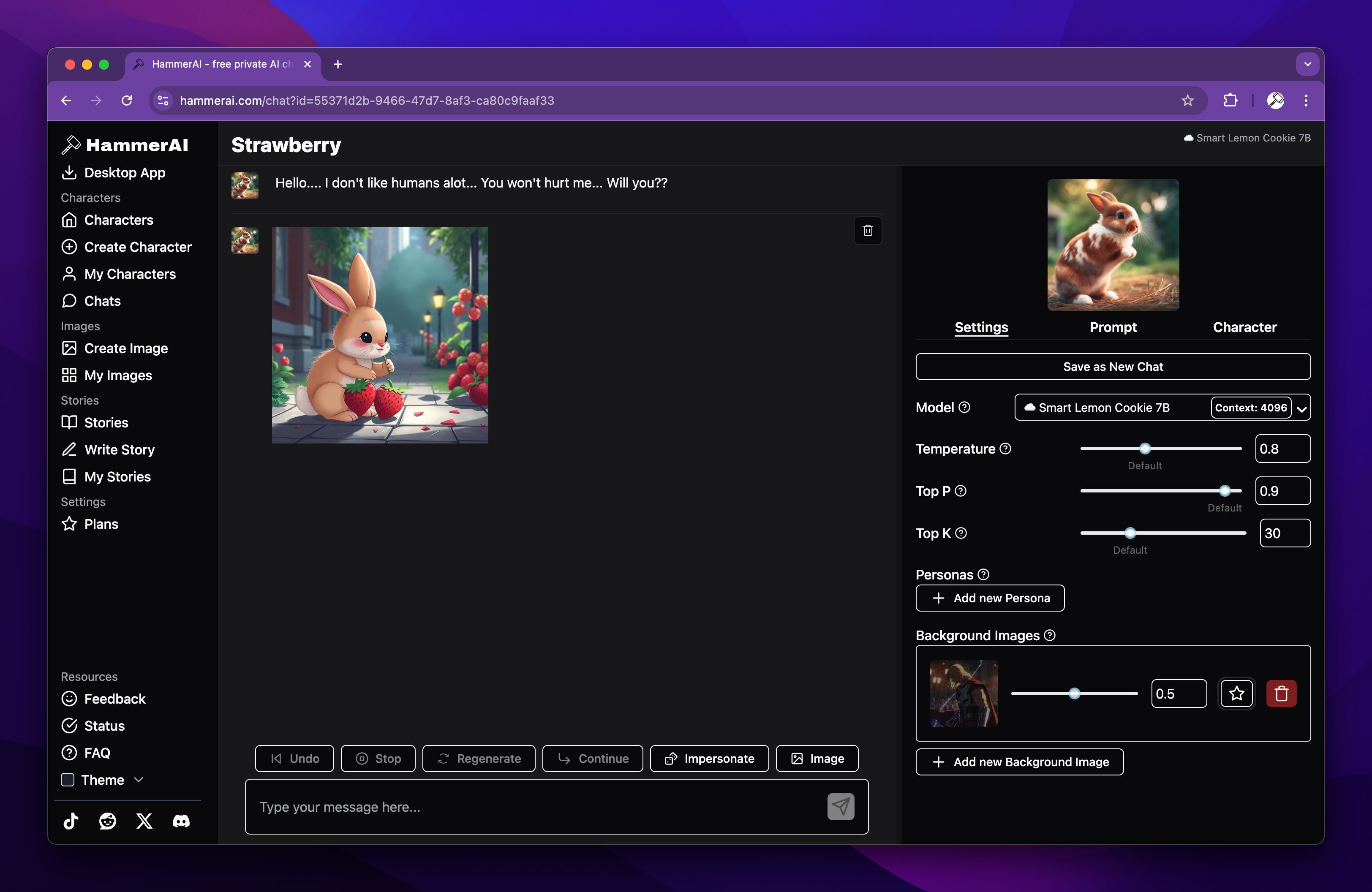 HammerAI interface showing character selection and chat features