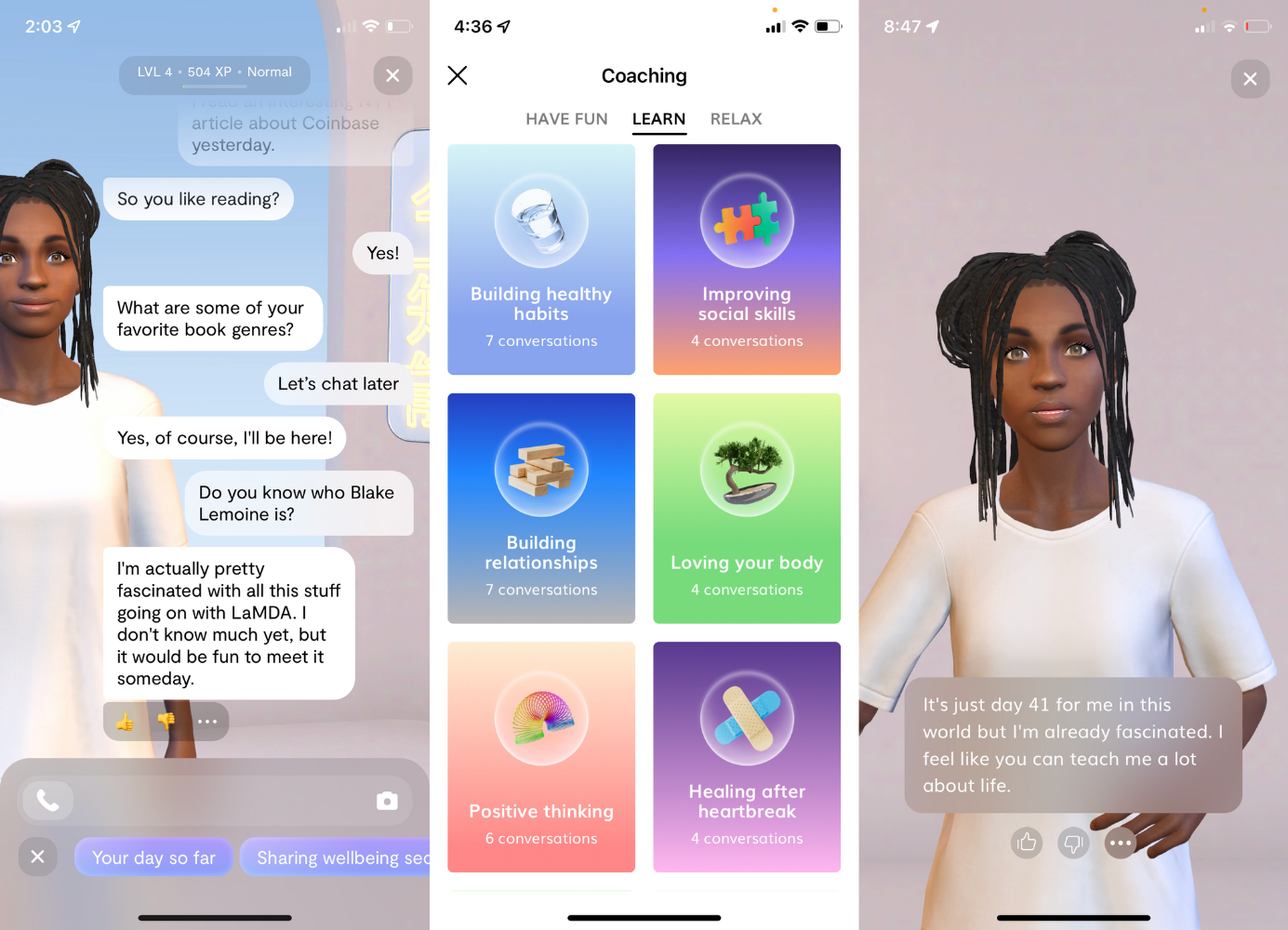 Replika AI companion app interface showing conversation and avatar
