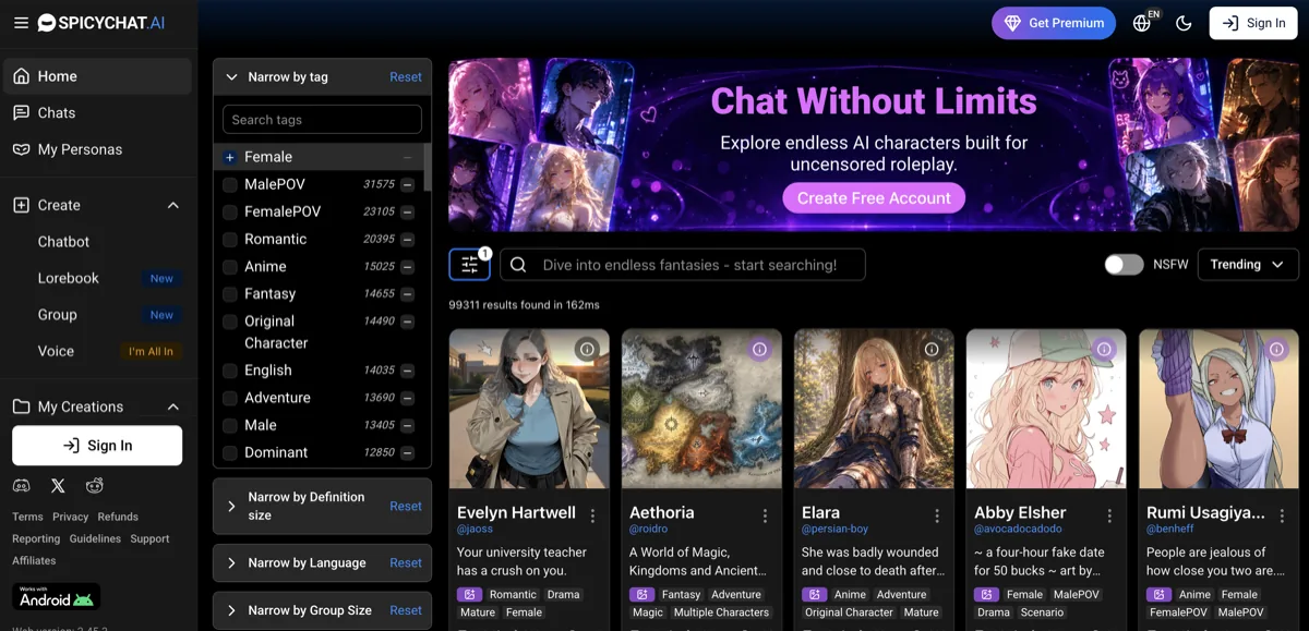 Interfaz de SpicyChat