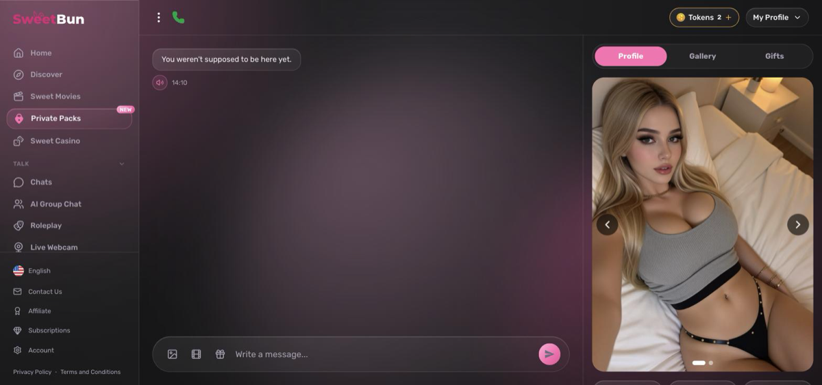 SweetBun chat with a character profile and photo carousel