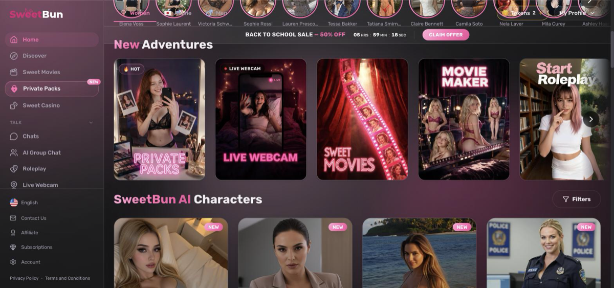 SweetBun home with New Adventures: Private Packs, Live Webcam, Sweet Movies, Movie Maker and Roleplay