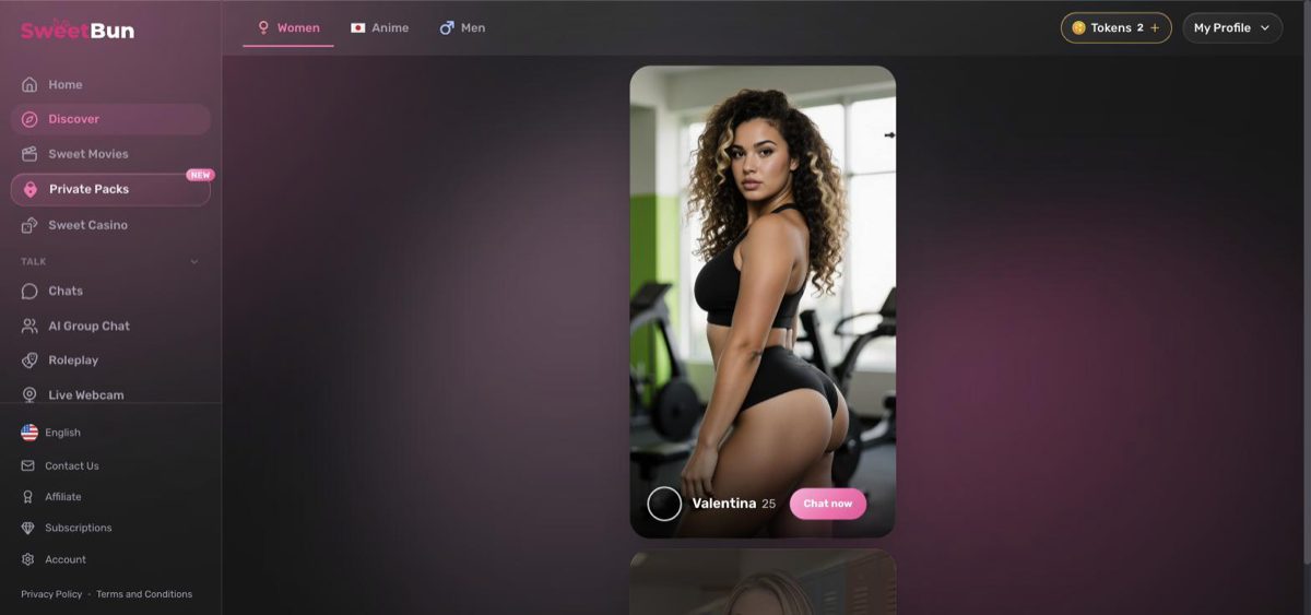 SweetBun Discover swipe view of AI characters