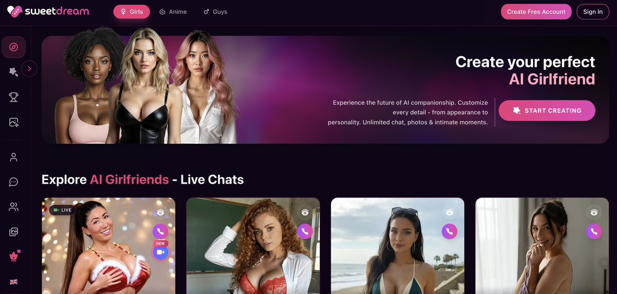SweetDream AI interface showing AI girlfriend with video call and chat features