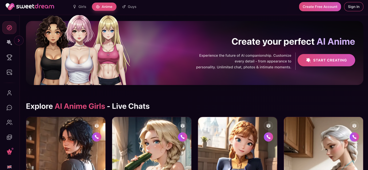 SweetDream AI character creation interface showing customization options